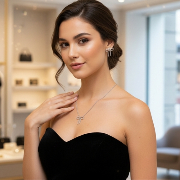 π Bow Necklace & Earrings Set β Diamond CZ NWOT π - Picture 2 of 8